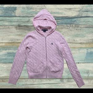 WOMENS LARGE RALPH LAUREN SPORT PINK KNITTED HODDIE BLUE PONY
